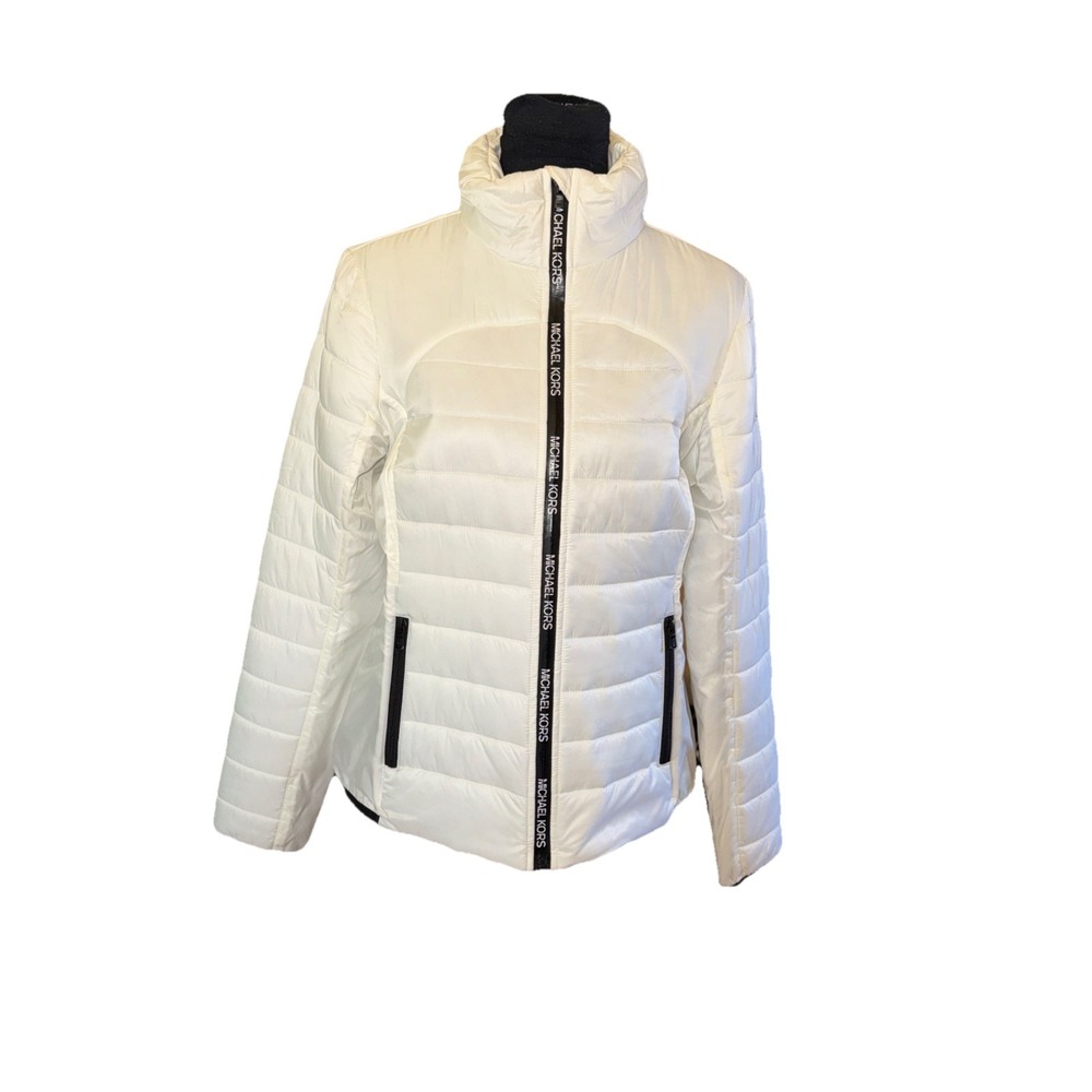 MICHAEL KORS Women White Puffer Jacket Full Zip Logo Tape Collar Mock Neck‎ M